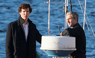 Mandatory Credit: Photo by Polly Thomas/REX/Shutterstock (5768631g)
Benedict Cumberbatch and Martin Freeman filming on a boat, Cardiff Bay Barrage
'Sherlock' TV show on set filming, Cardiff, Wales, UK - 13 Jul 2016