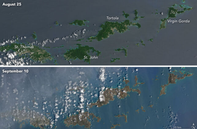Satellittbilder viser de ekstreme ødeleggelsene etter orkanen «Irma». Øyene har skiftet farge