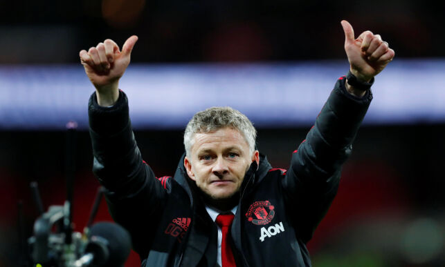 Soccer Football - Premier League - Tottenham Hotspur v Manchester United - Wembley Stadium, London, Britain - January 13, 2019 Manchester United interim manager Ole Gunnar Solskjaer celebrates at the end of the match REUTERS/Eddie Keogh EDITORIAL USE ONLY. No use with unauthorized audio, video, data, fixture lists, club/league logos or "live" services. Online in-match use limited to 75 images, no video emulation. No use in betting, games or single club/league/player publications. Please contact your account representative for further details.